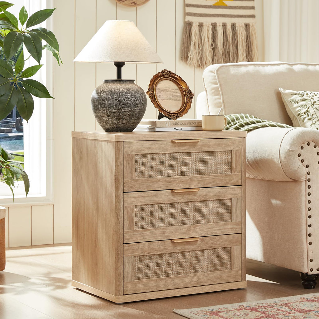 LEYAOYAO Rattan Dresser and Nightstand Set of 3, Boho Wood Dresser for Bedroom with 6 Drawers and Night Stand with Charging Station, Bedroom Furniture, Dressers & Chests of Drawers,Hallway,Living Room