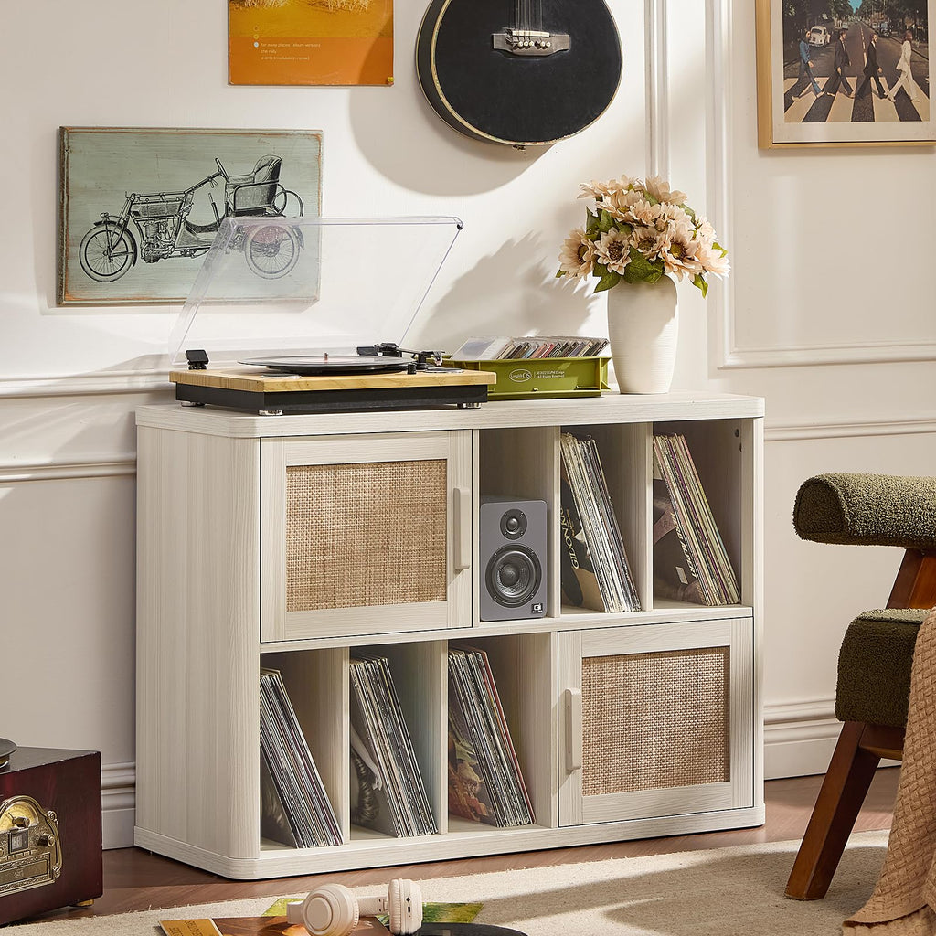 LEYAOYAO Large Record Player Stand with Vinyl Storage Up to 450 Albums, Wood Fluted Record Storage Accent Cabinet, Modern Stereo Media Cabinets, Wide Turntable Stand for Living Room, Antique White