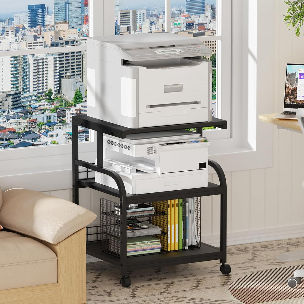 Lerliuo 3 Tier Black Large Printer Stand with Adjustable Storage Shelf