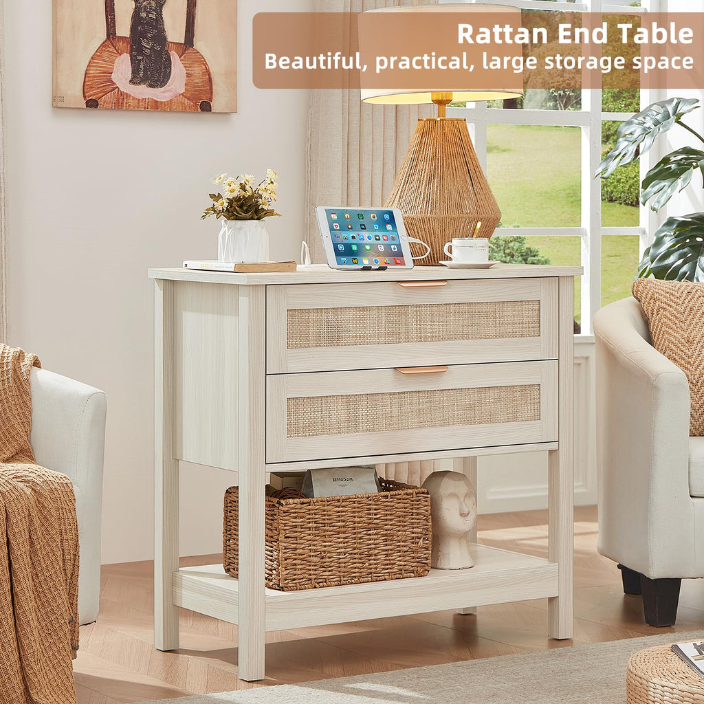 LEYAOYAO 26.8" Wide Rattan Nightstands Set of 2, Large Boho Night Stand