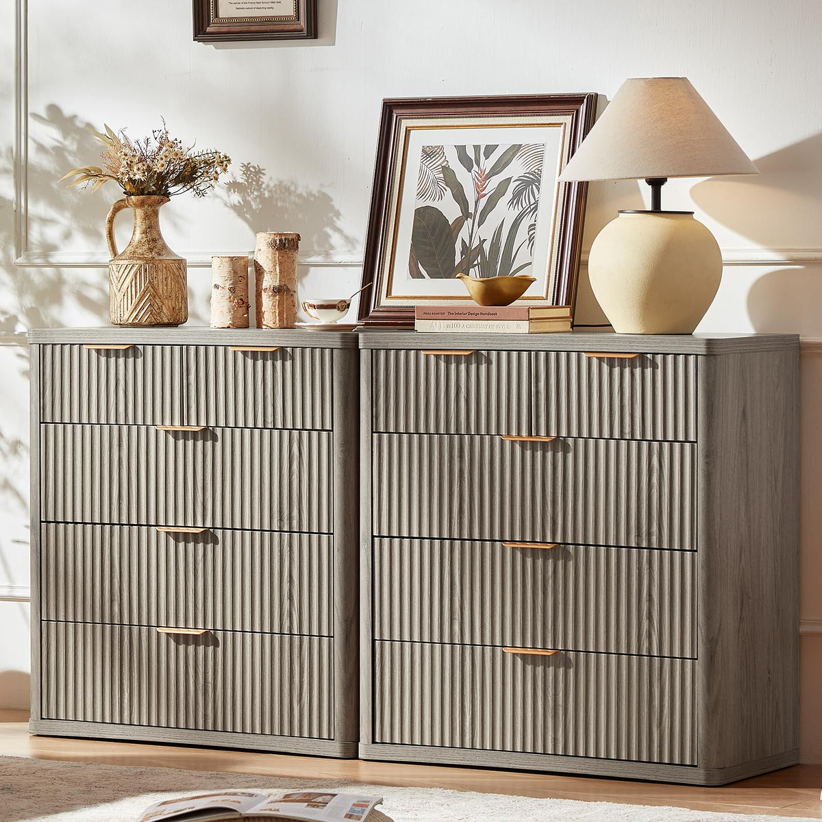 LEYAOYAO 23" Wide Fluted Night Stand with Charging Station, 3 Drawers Large End Table with Storage, LightGrey Nightstand Wood Bedside Tables, Farmhouse Cabinet Dresser for Bedroom, Closet