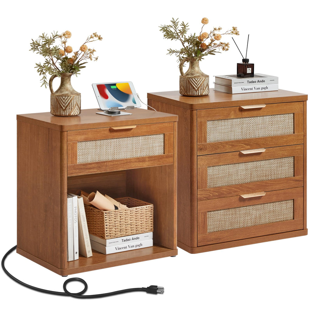 LEYAOYAO Rattan Nightstand Set of 2 with Charging Station, 1 & 2 Drawers Boho Night Stand Dresser for Bedroom, Natural Wood Bedside Table Open Storage Cabinet, Bed Side End Tables, Living Room,Hallway