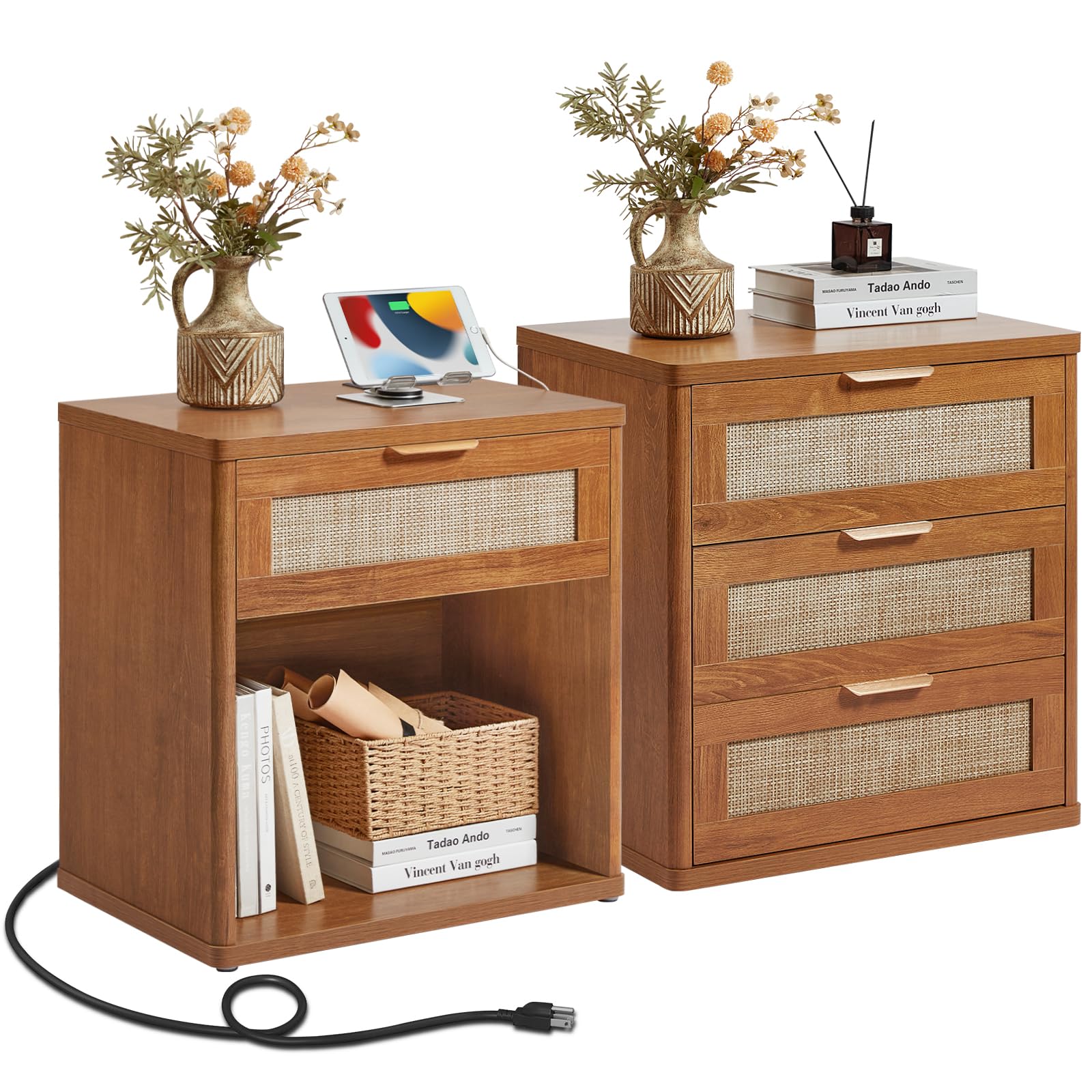 LEYAOYAO Rattan Nightstand Set of 2 with Charging Station, 1 & 2 Drawers Boho Night Stand Dresser for Bedroom, Natural Wood Bedside Table Open Storage Cabinet, Bed Side End Tables, Living Room,Hallway