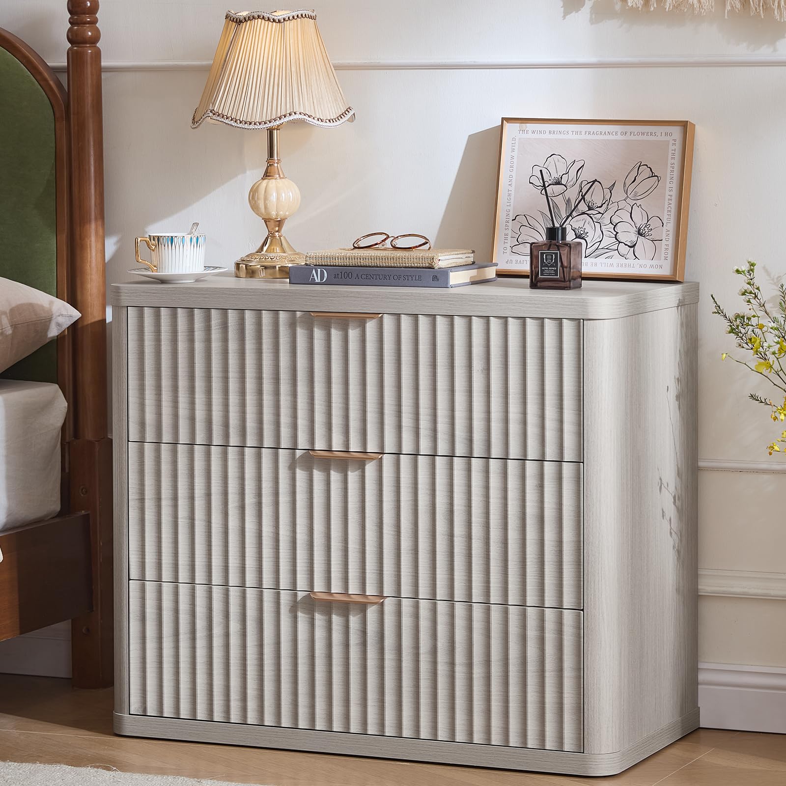 LEYAOYAO 31" Wide Fluted Nightstand with Charging Station, Oversized Extra Large 1 Drawer Night Stand with Golden Handle, Antique White Bedside Table Tall End Tables,for Bedroom, Living Room, Hallway