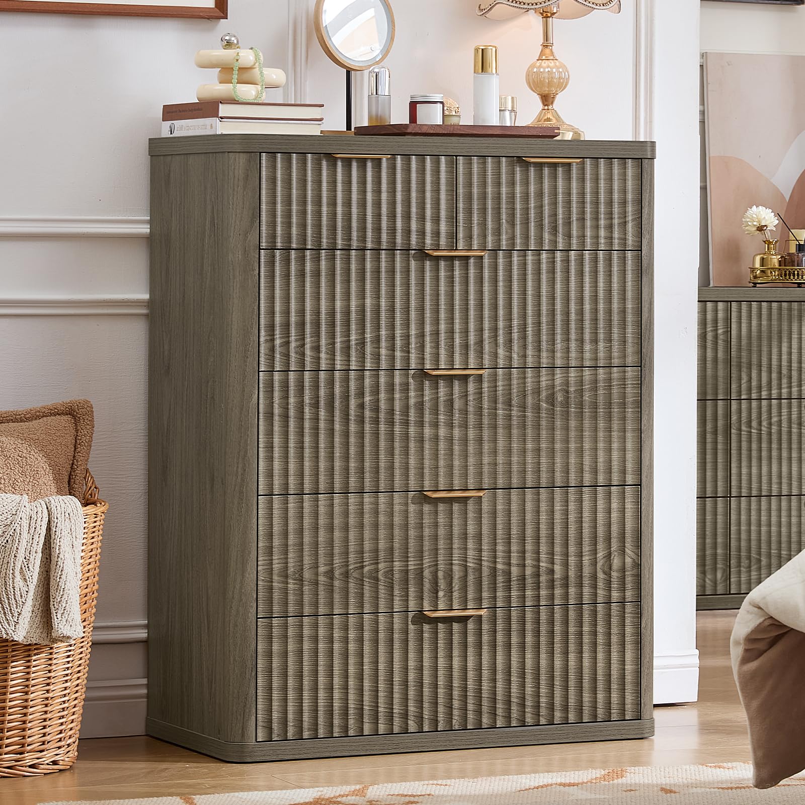 LEYAOYAO 23" Wide Fluted Night Stand with Charging Station, 3 Drawers Large End Table with Storage, LightGrey Nightstand Wood Bedside Tables, Farmhouse Cabinet Dresser for Bedroom, Closet