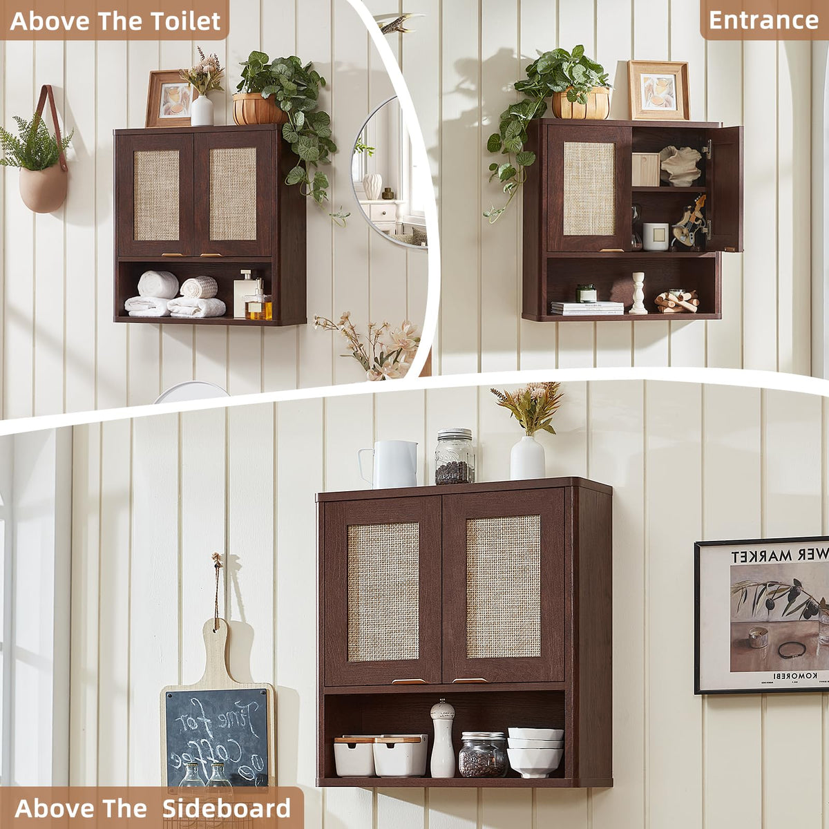 LEYAOYAO 68" Boho Over the Toilet Storage Cabinet with Rattan Sliding Door