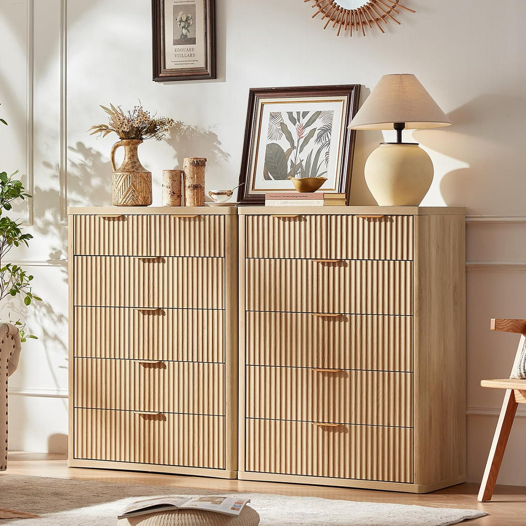 LEYAOYAO Fluted 6 Drawers Dresser for Bedroom Set of 2, 42" Tall Modern Chest of Drawers with Metal Handle, Curved Profile Design,Wood Drawer Organizer for Bedroom,Living Room,Hallway,Natural