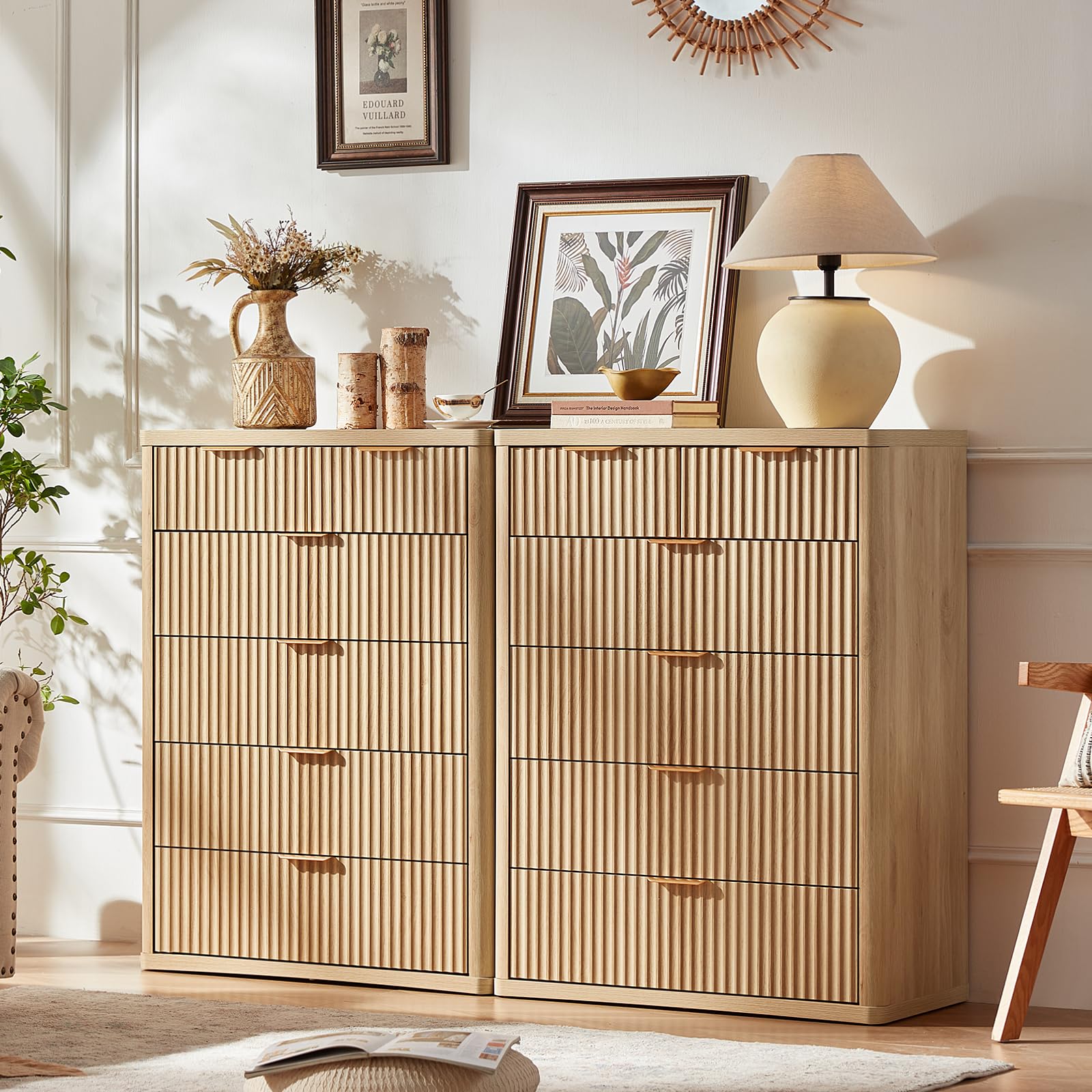 LEYAOYAO Fluted 6 Drawers Dresser for Bedroom Set of 2, 42" Tall Modern Chest of Drawer with Metal Handle, Curved Profile Design,Brown Wood Drawer Organizer for Bedroom, Living Room, Hallway