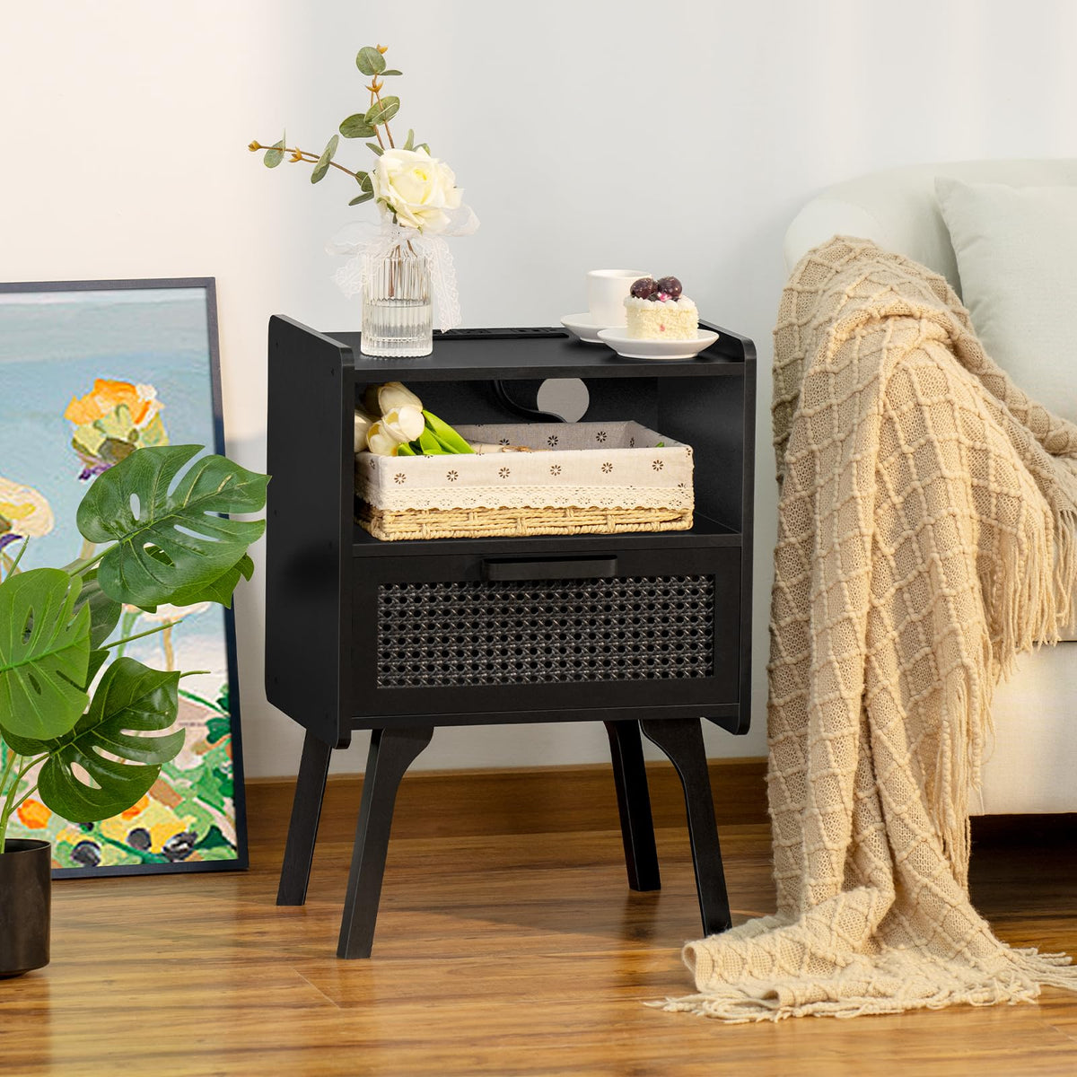 Lerliuo Rattan Nightstand with Charging Station, Boho Night Stand