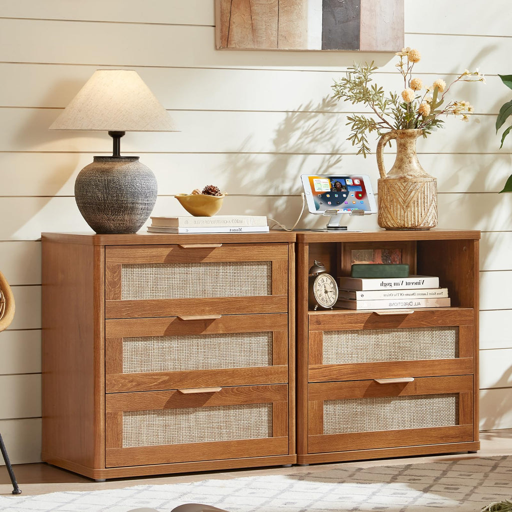 LEYAOYAO Rattan Nightstand Set of 2 with Charging Station, 1 & 2 Drawers Boho Night Stand Dresser for Bedroom, Natural Wood Bedside Table Open Storage Cabinet, Bed Side End Tables, Living Room,Hallway