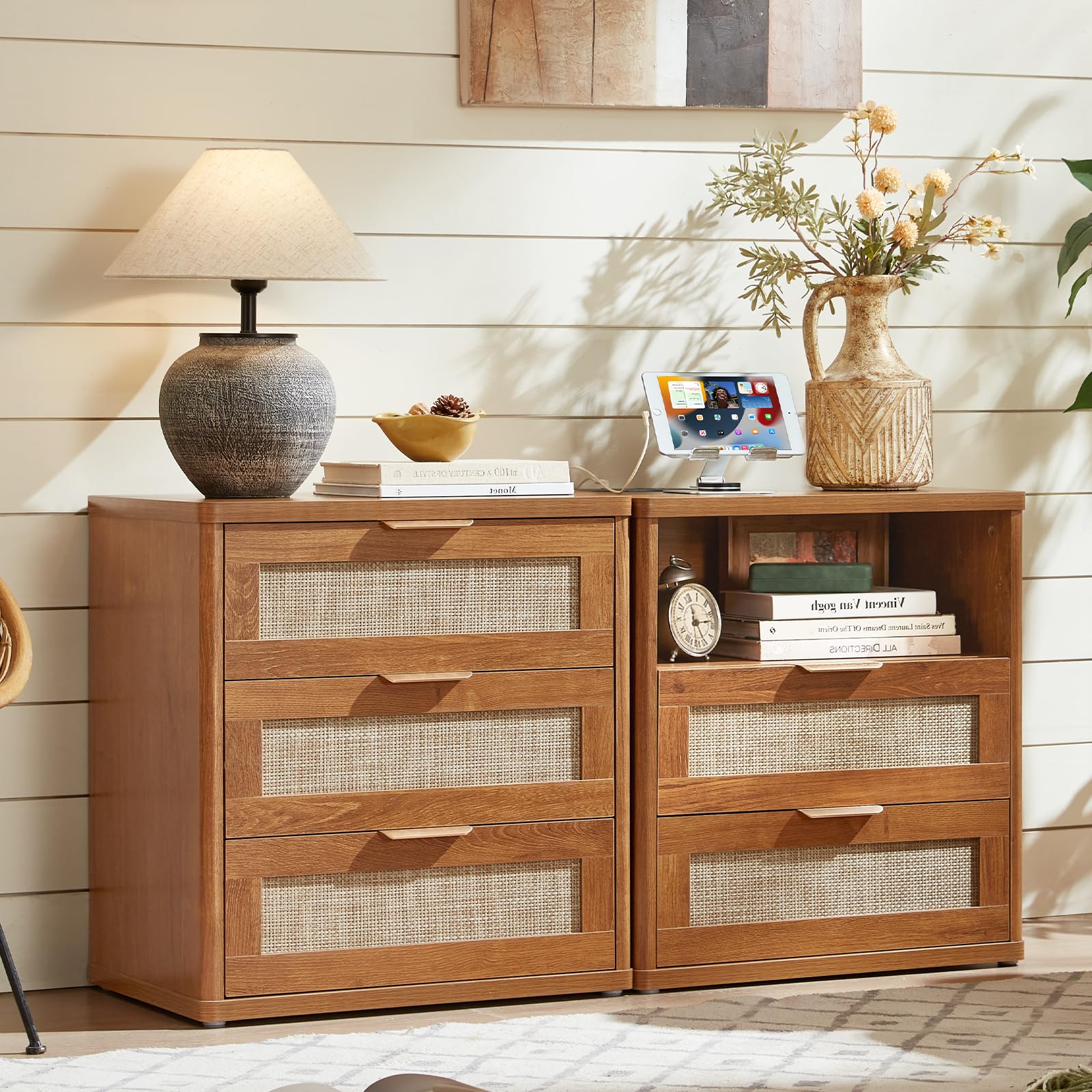 LEYAOYAO Rattan Nightstand Set of 2 with Charging Station, 1 & 2 Drawers Boho Night Stand Dresser for Bedroom, Natural Wood Bedside Table Open Storage Cabinet, Bed Side End Tables, Living Room,Hallway