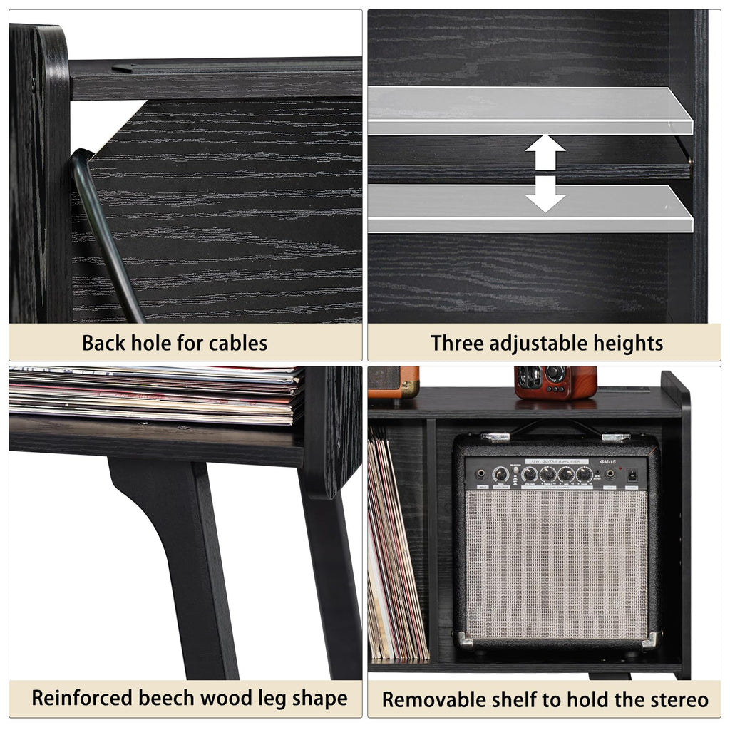 Lerliuo Record Player Stand with Charging Station Up to 220 Albums,Black
