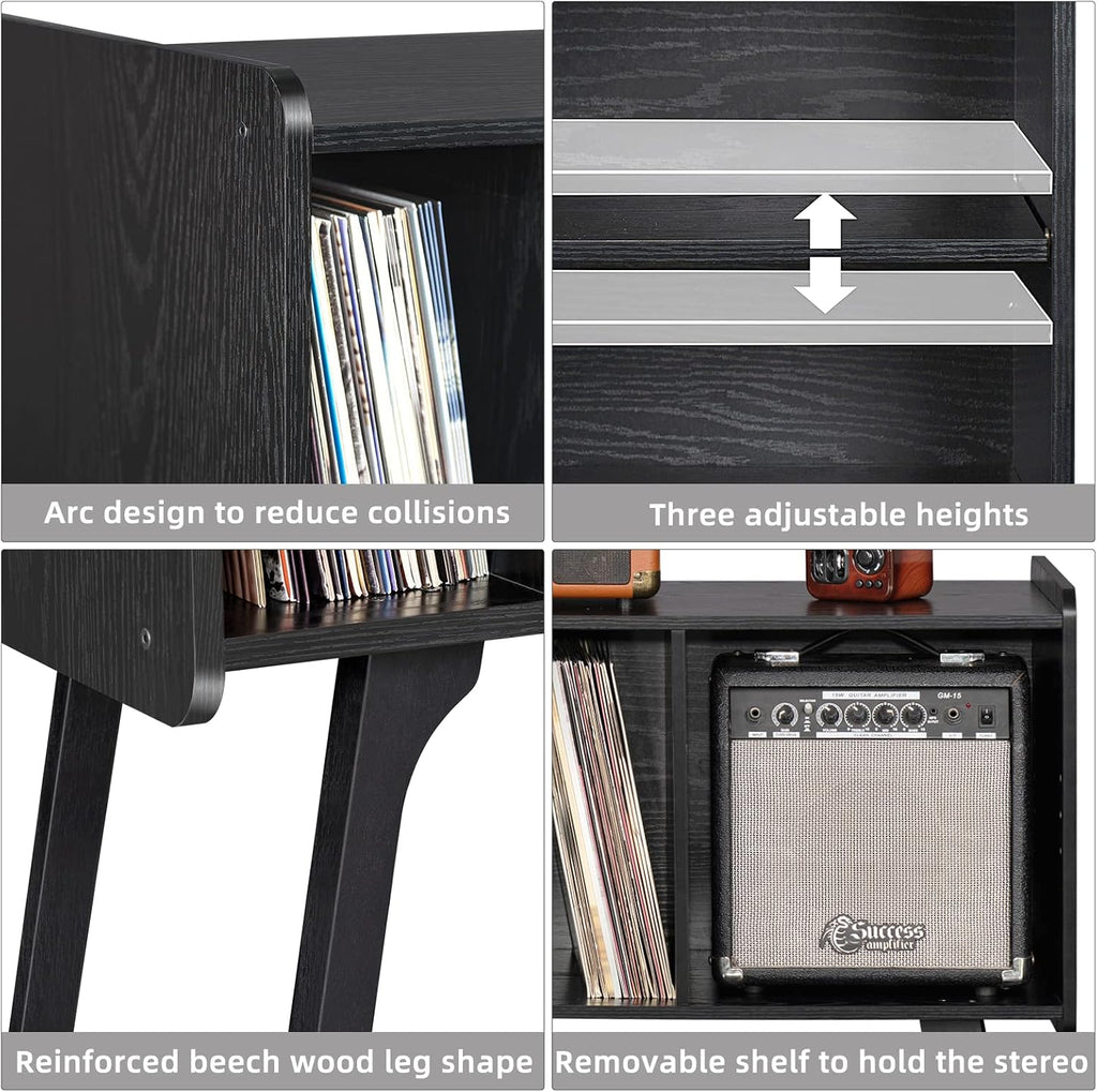 Lerliuo Record Player Stand with 4 Cabinet Holds Up to 220 Albums, Large Black Turntable Stand with Beech Wood Legs, Mid-Century Record Player Table, Vinyl Holder Storage Shelf for Bedroom Living Room
