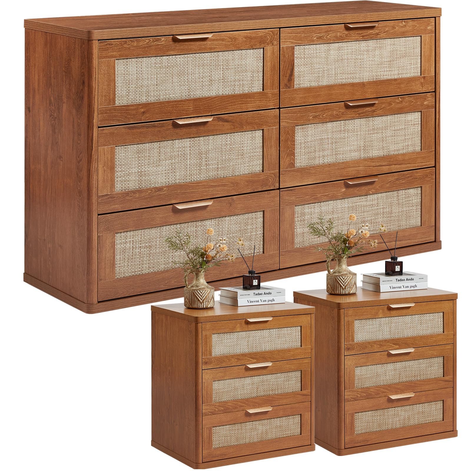 LEYAOYAO Rattan Dresser and Nightstand Sets 3 Piece, Natural