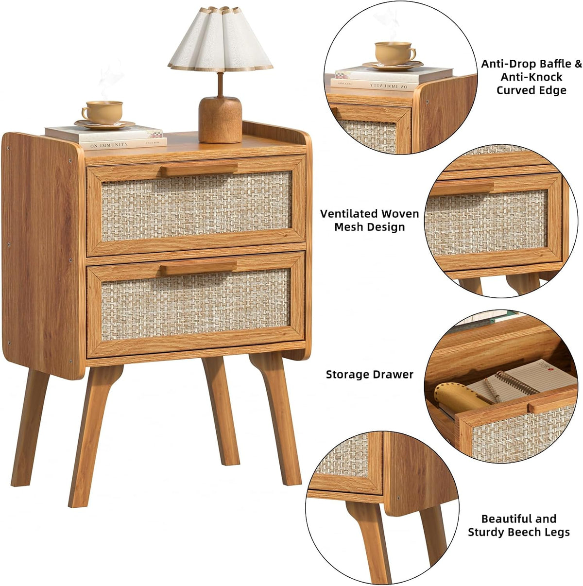 Lerliuo Rattan Nightstands Set of 2 for Bedroom, 2 Drawers