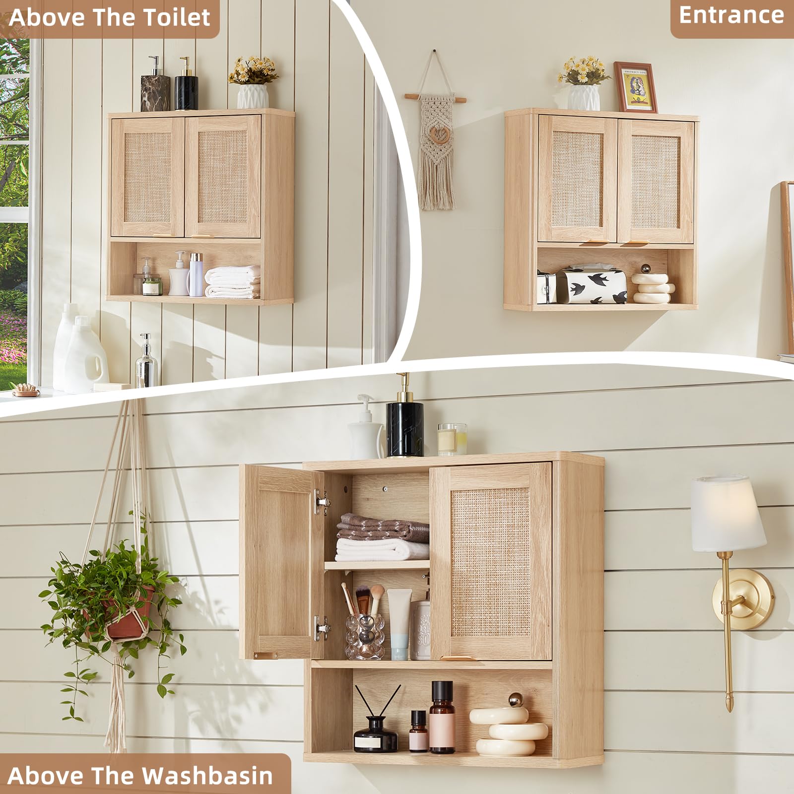 Lerliuo Rattan Bathroom Wall Cabinet, Boho Natural Medicine Cabinet with Adjustable Wood Shelf, 2 Doors Over The Toilet Storage Cabinets for Laundry Room, Kitchen, Living Room