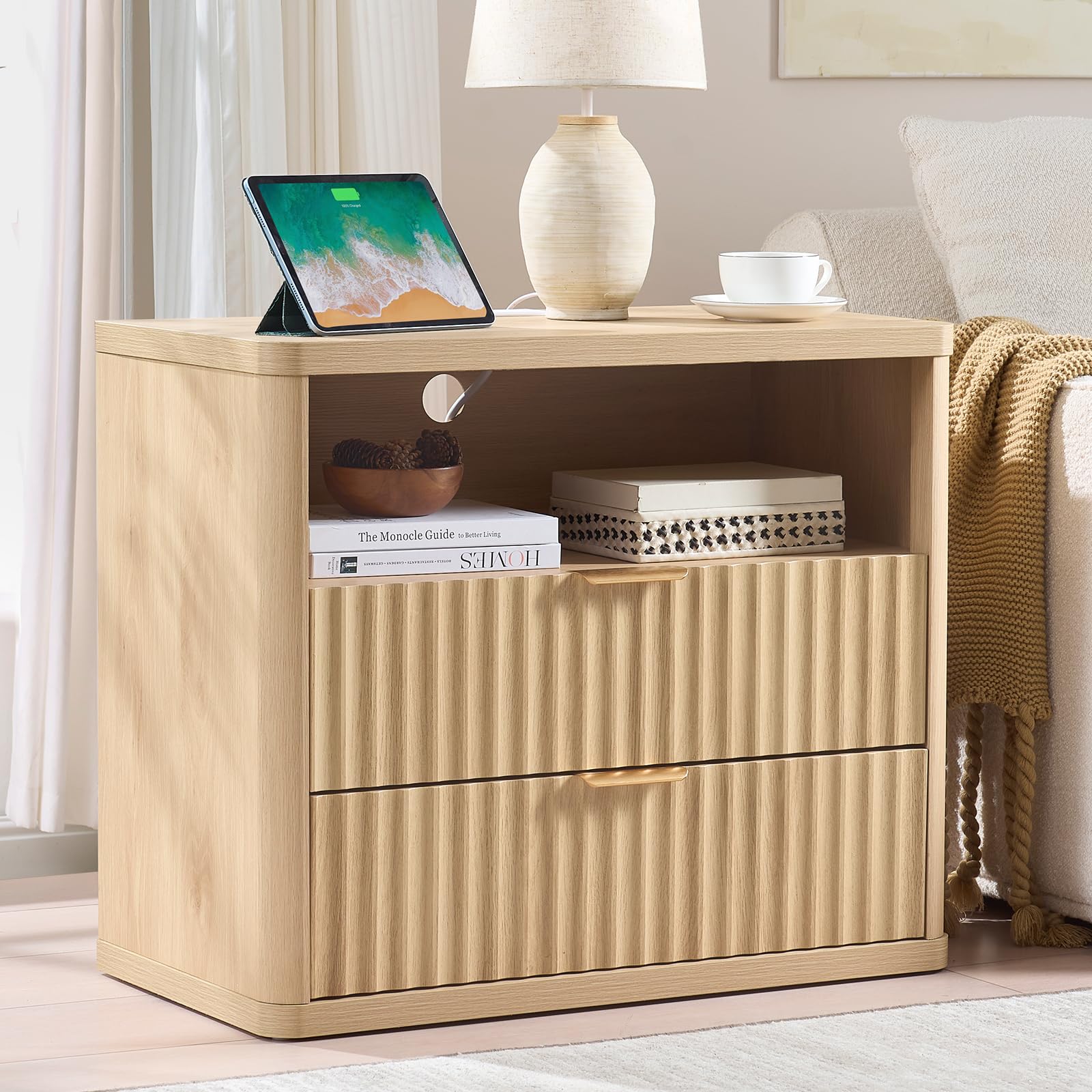 LEYAOYAO 31" Wide Fluted Nightstand with Charging Station, Oversized Extra Large 1 Drawer Night Stand with Golden Handle, Antique White Bedside Table Tall End Tables,for Bedroom, Living Room, Hallway