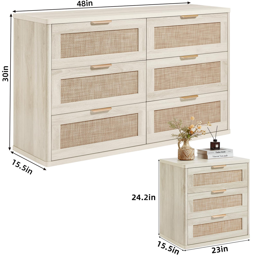 LEYAOYAO Rattan Dresser and Nightstand Sets 3 Piece, Natural