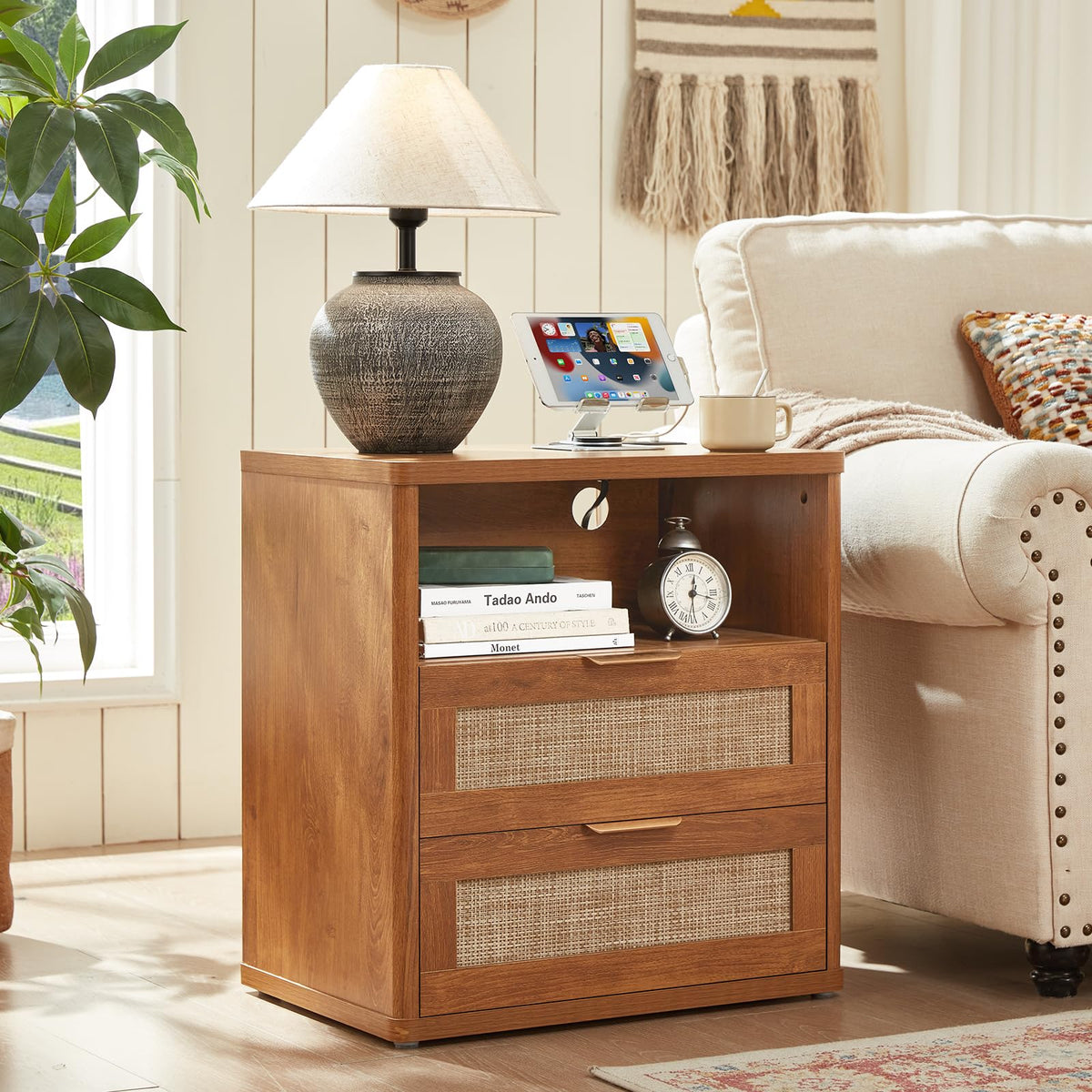 LEYAOYAO Rattan Nightstand Set of 2 with Charging Station, 1 & 2 Drawers Boho Night Stand Dresser for Bedroom, Natural Wood Bedside Table Open Storage Cabinet, Bed Side End Tables, Living Room,Hallway