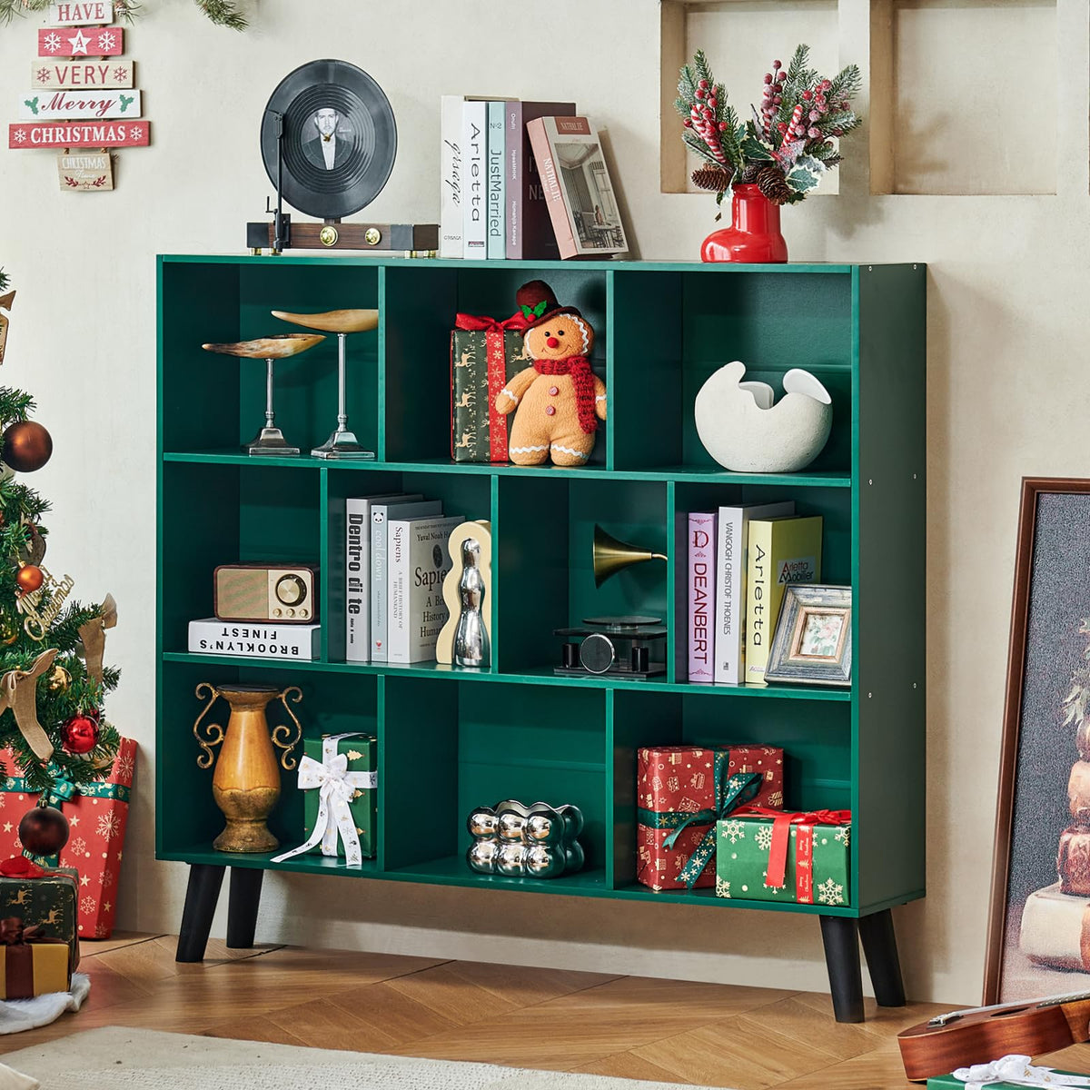 LEYAOYAO Cube Bookshelf, Mid-Century Modern Book Shelf with Legs, Brown