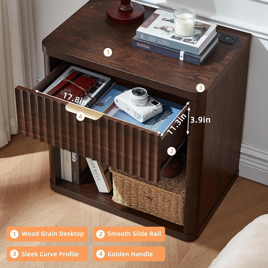 LEYAOYAO 23" Wide Fluted Night Stand with Charging Station, 3 Drawers Large End Table with Storage, Natural Nightstand Wood Bedside Tables, Farmhouse Cabinet Dresser for Bedroom, Closet