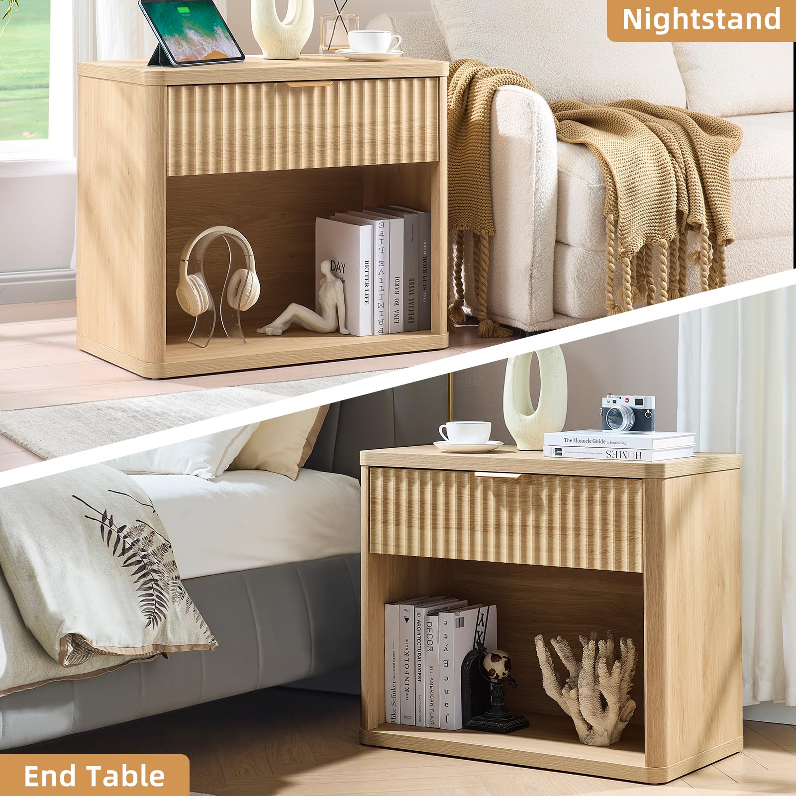 LEYAOYAO 31" Wide Fluted Nightstand with Charging Station, Oversized Extra Large 1 Drawer Night Stand with Golden Handle, Antique White Bedside Table Tall End Tables,for Bedroom, Living Room, Hallway