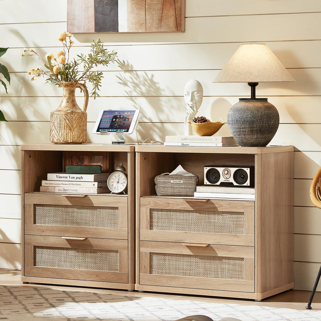 Lerliuo Rattan NightStand with Charger Station, 23" Wide Boho Bedside Table with Drawers, Natural Wood Night Stand Open Storage Cabinet, Bed Side End Table Dresser for Living Room, Hallway, Bedroom
