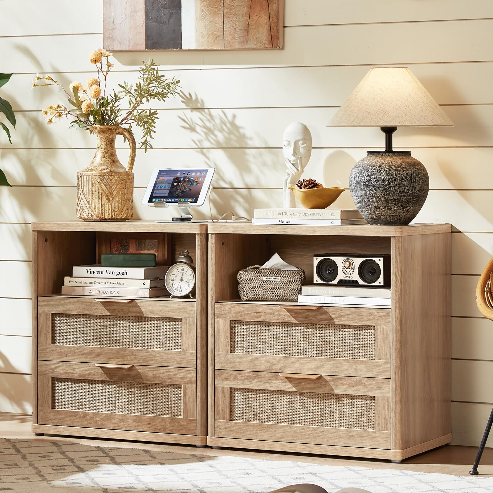 Lerliuo Rattan NightStand with Charger Station, 23" Wide Boho Bedside Table with Drawers, Natural Wood Night Stand Open Storage Cabinet, Bed Side End Table Dresser for Living Room, Hallway, Bedroom