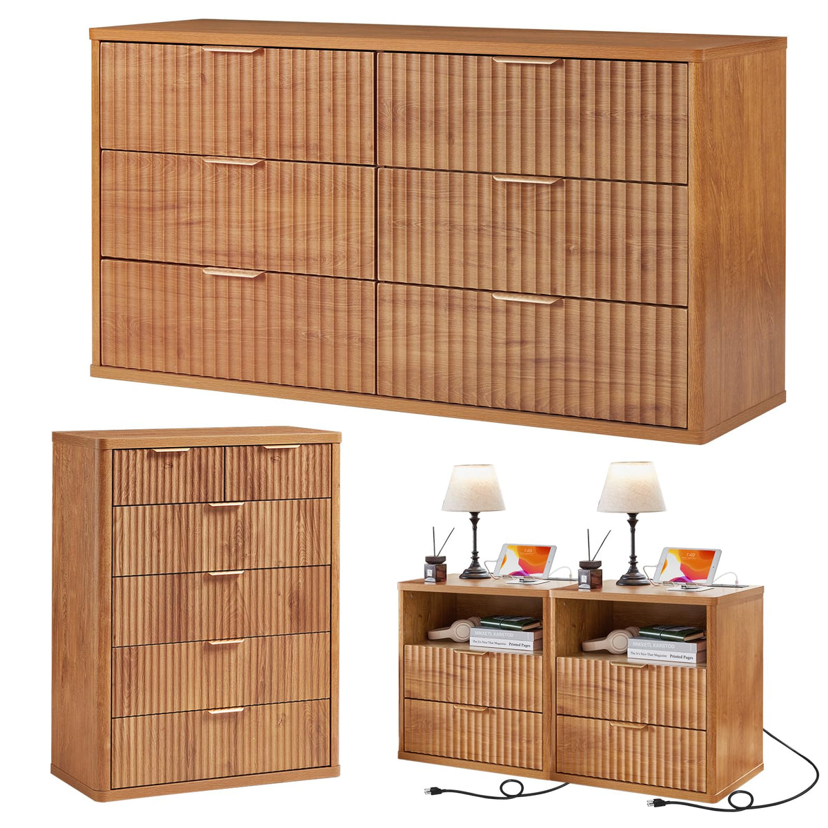 LEYAOYAO Fluted Dressers & Nightstand Set of 4, Wood 48" Wide Dresser & 42" Tall Chest of Drawers,Modern Bedroom Furniture Sets, Black Wooden Nightstand Set of 2 with 2 Drawers & Charging Station