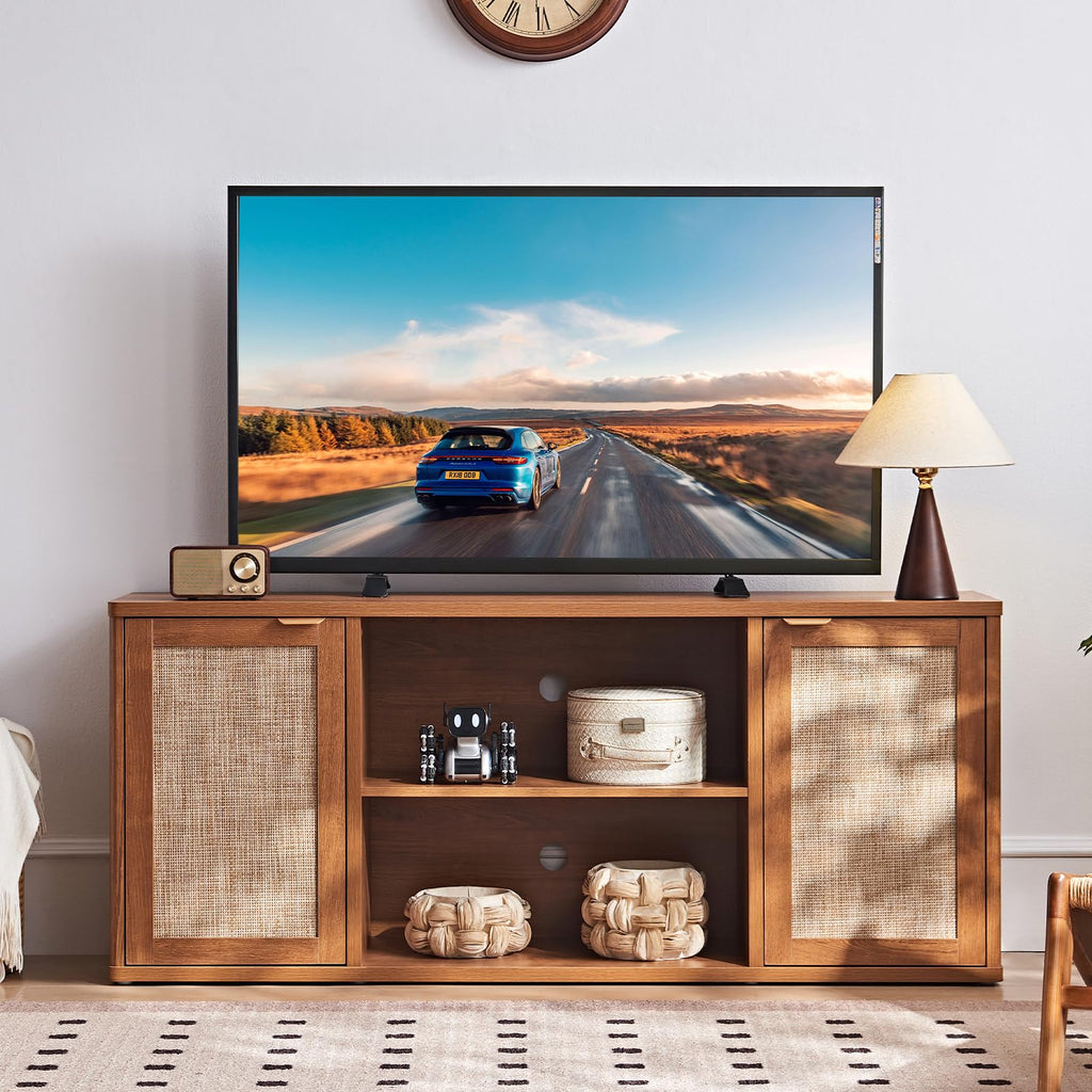 LEYAOYAO Rattan TV Stands for Living Room, Walnut