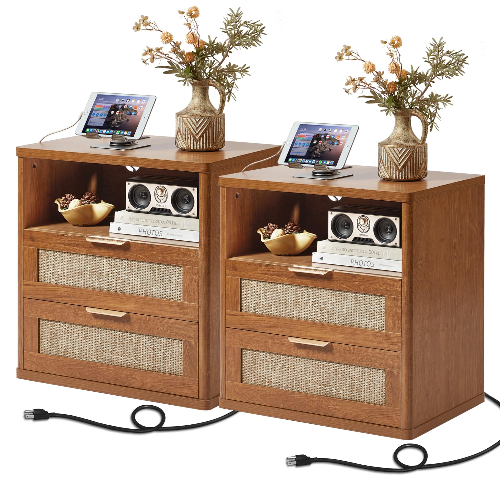 Lerliuo Rattan NightStand with Charger Station, 23" Wide Boho Bedside Table with Drawers, Natural Wood Night Stand Open Storage Cabinet, Bed Side End Table Dresser for Living Room, Hallway, Bedroom