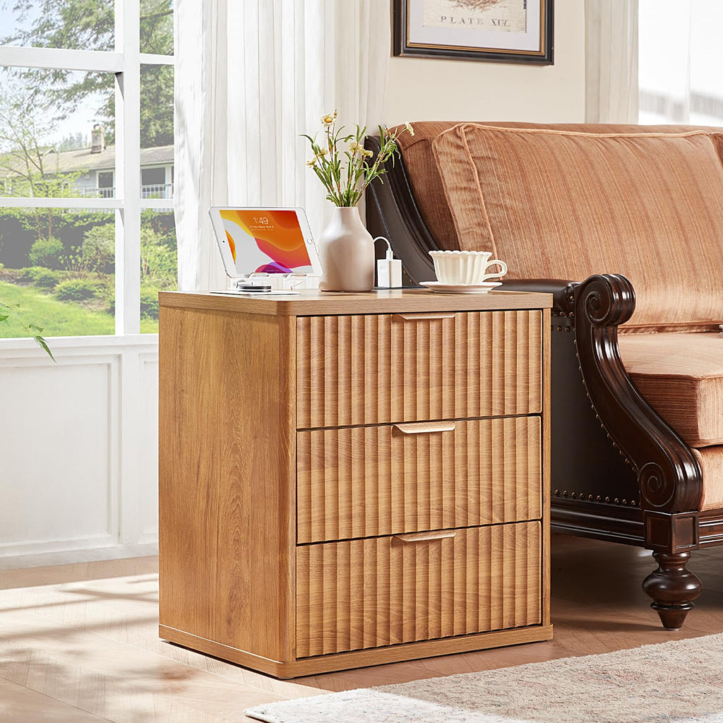 LEYAOYAO Fluted Dressers & Nightstand Set of 4, Wood 48" Wide Dresser & 42" Tall Chest of Drawers,Modern Bedroom Furniture Sets, Natural Wooden Nightstand Set of 2 with 3 Drawers & Charging Station