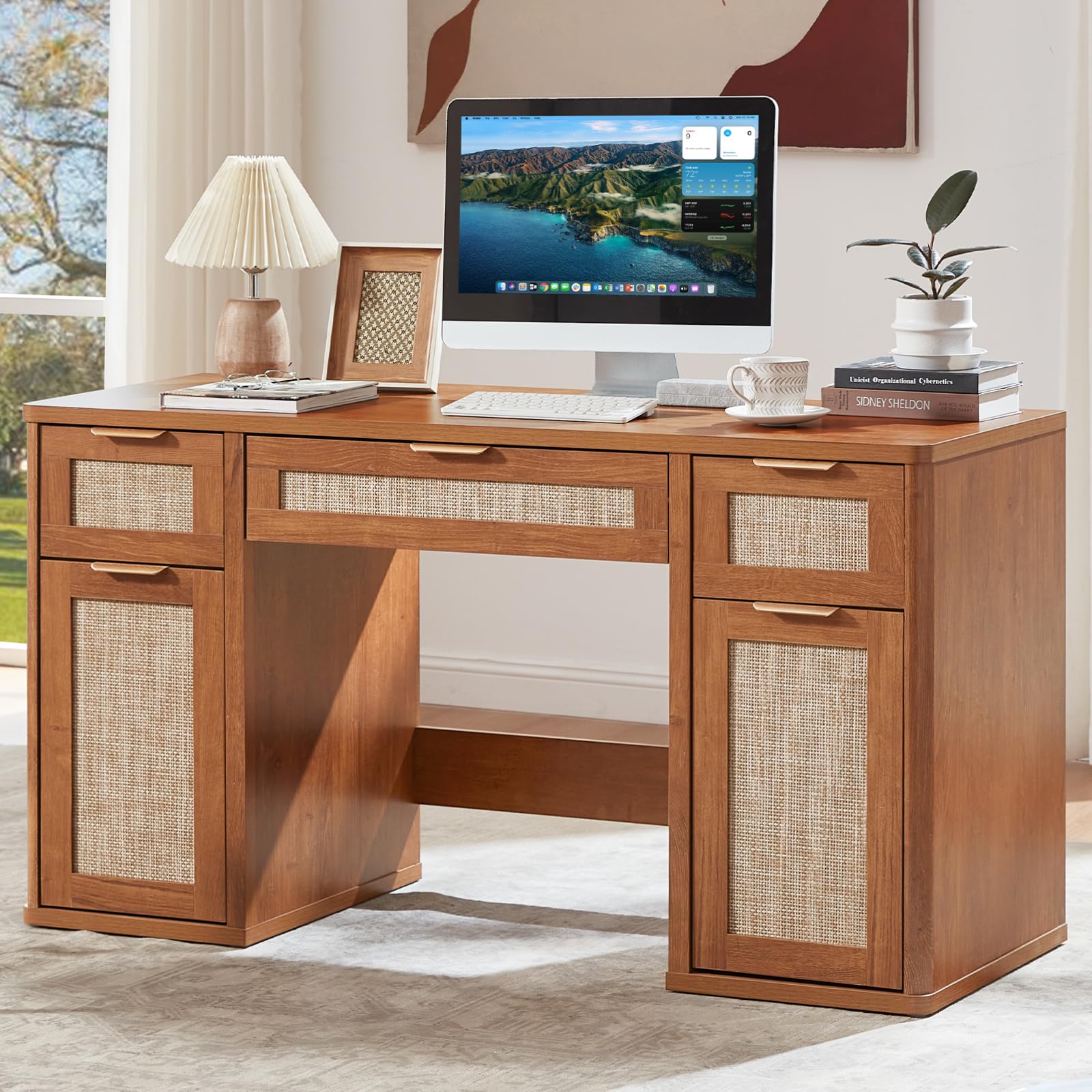 LEYAOYAO Office Desk 56" with 5 Drawers Storage File Cabinet, Natural