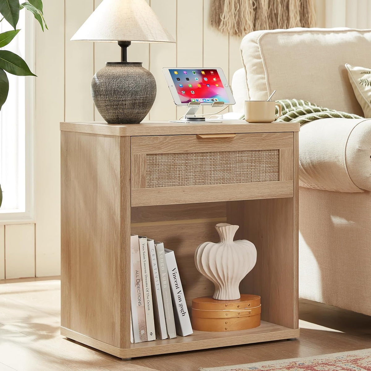 LEYAOYAO Rattan Nightstand Set of 2 with Charging Station, 1 & 2 Drawers Boho Night Stand Dresser for Bedroom, Natural Wood Bedside Table Open Storage Cabinet, Bed Side End Tables, Living Room,Hallway
