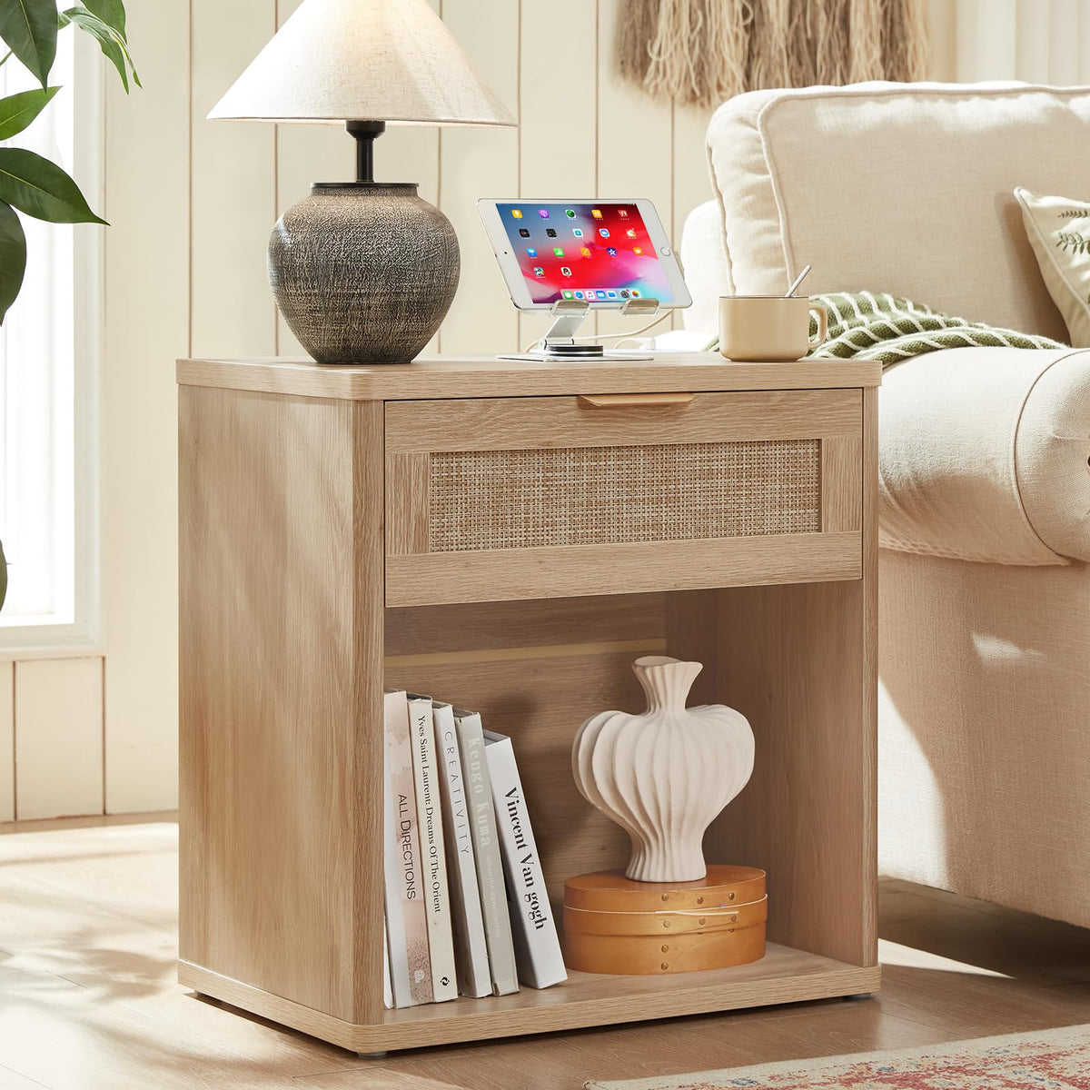 LEYAOYAO Rattan Dressers & Night Stand Set of 3, Boho Wood 48" Wide Dresser & 41"Tall Chest of Drawers, 23" with Charging Station Nightstand, Bedroom Furniture Dresser Set for Home Living Room Hallway