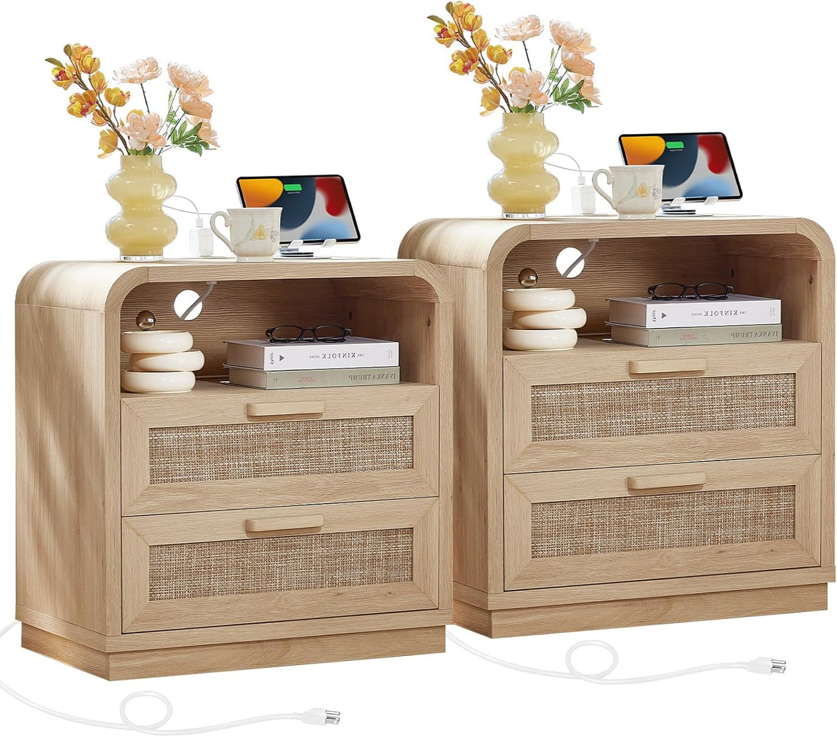 LEYAOYAO Rattan Nightstands Set of 2 with Charging Station, Natural