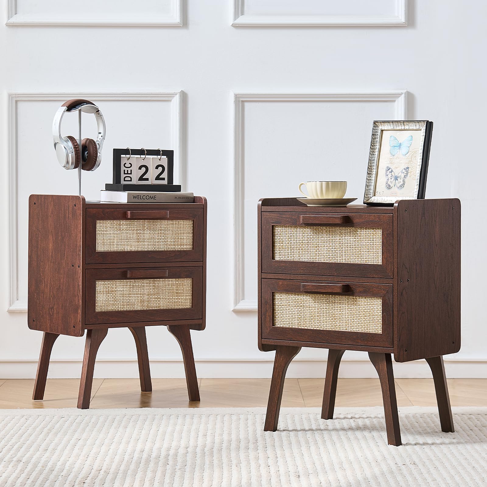 Lerliuo Rattan Nightstands Set of 2 for Bedroom, 2 Drawers