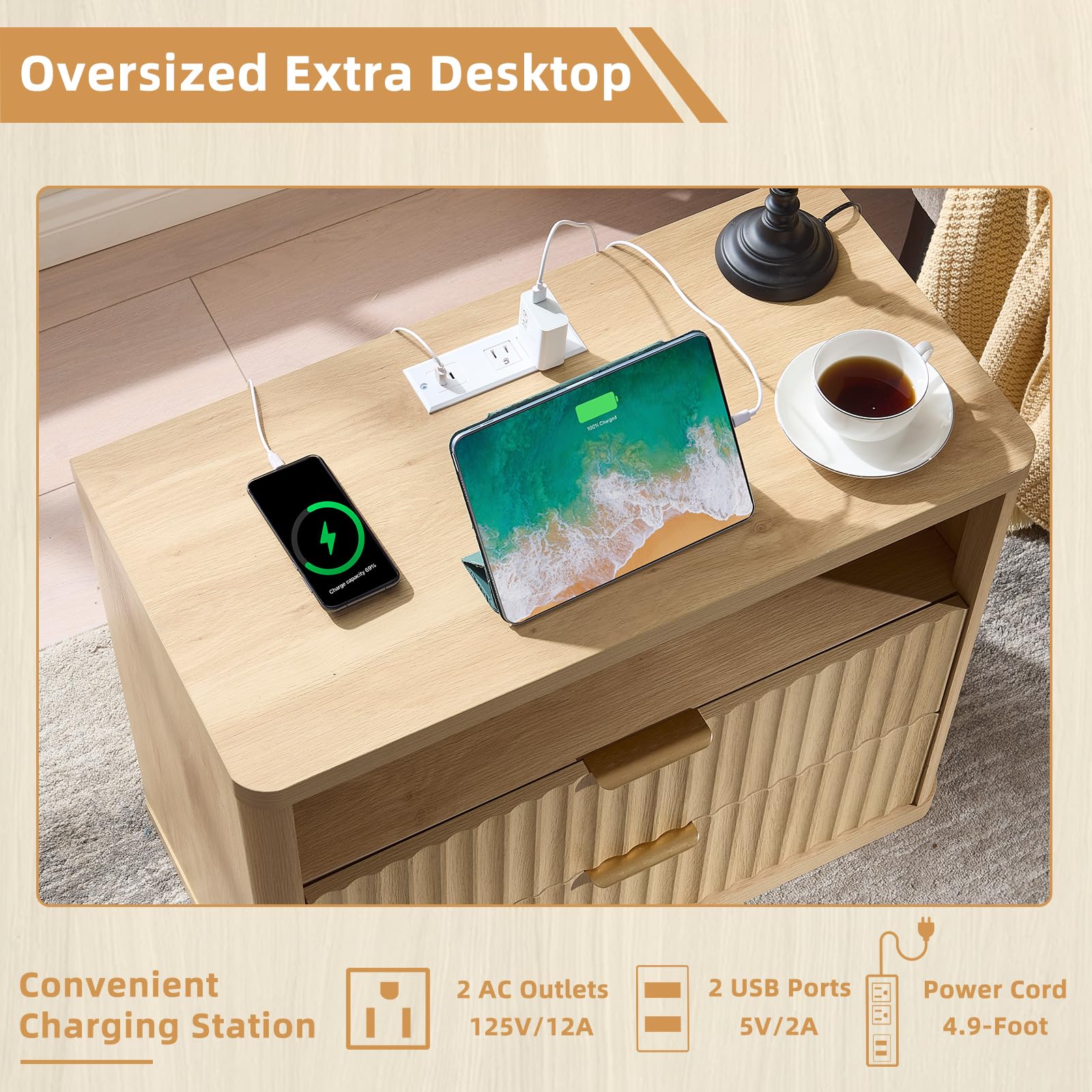LEYAOYAO 31" Wide Fluted Nightstand with Charging Station, Oversized Extra Large 1 Drawer Night Stand with Golden Handle, Antique White Bedside Table Tall End Tables,for Bedroom, Living Room, Hallway