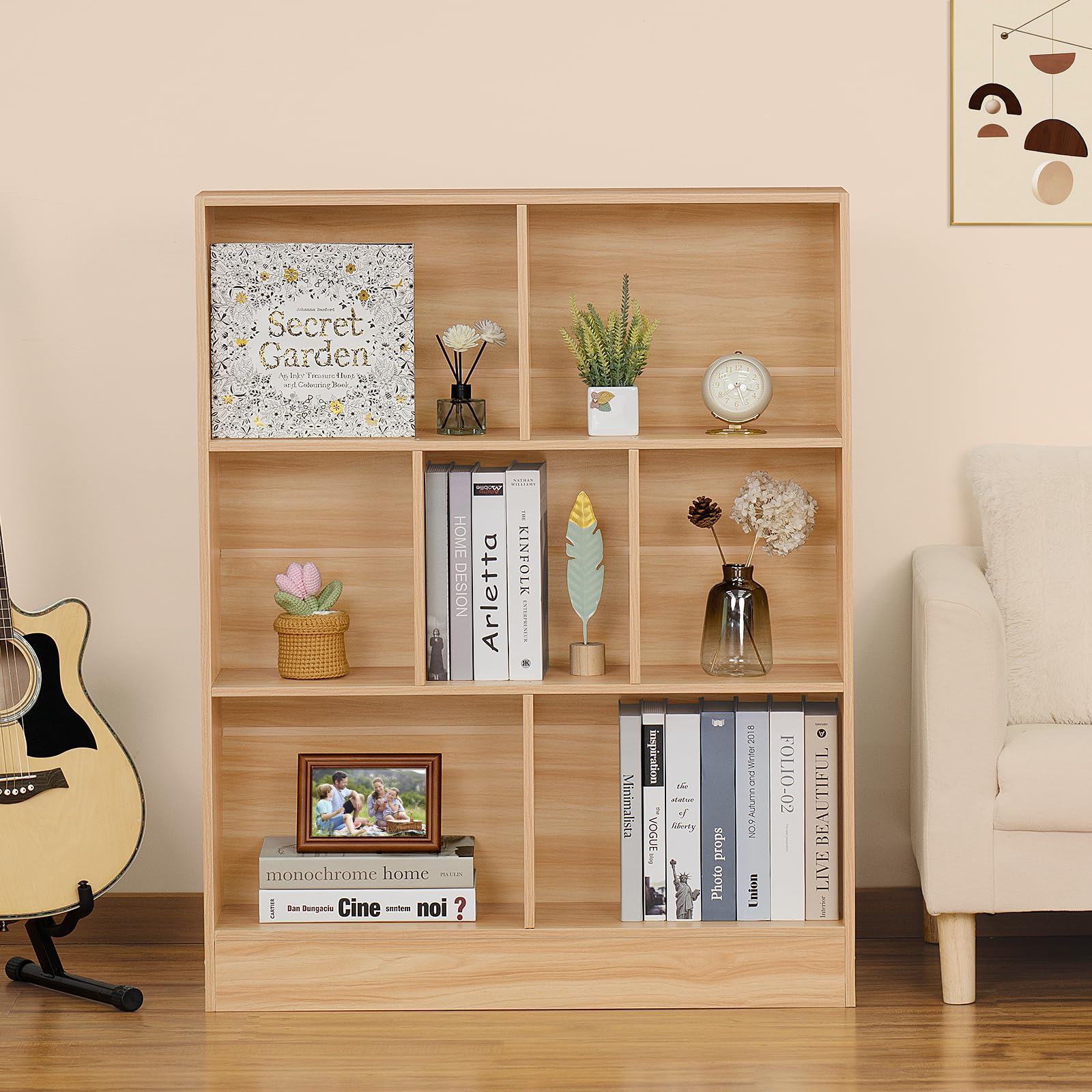 LEYAOYAO 7 Cube Bookshelf with Base,3 Tier Mid-Century Modern Blue Bookcase,Standing Wide Bookshelves Storage Organizer Shelf,Rustic Wood Display Cabinet Book Shelves for Bedroom,Living Room,Office