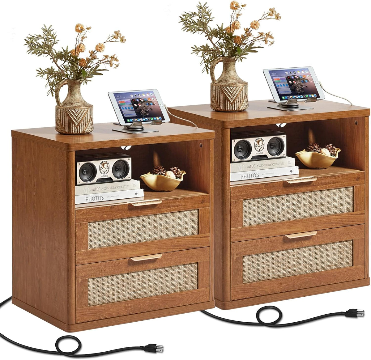 LEYAOYAO Rattan 23" Nightstands with Charger Station 2 Drawers