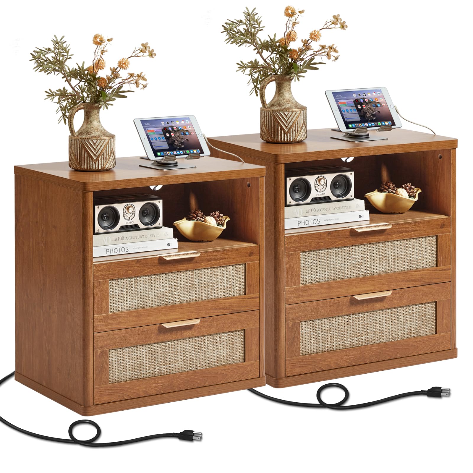 LEYAOYAO Rattan Nightstands Set of 2 with Charging Station, Boho Night Stand Dresser for Bedroom with Drawer, Grey White Bedside Table Open Storage Cabinet, Bed Side End Table, Living Room, Hallway