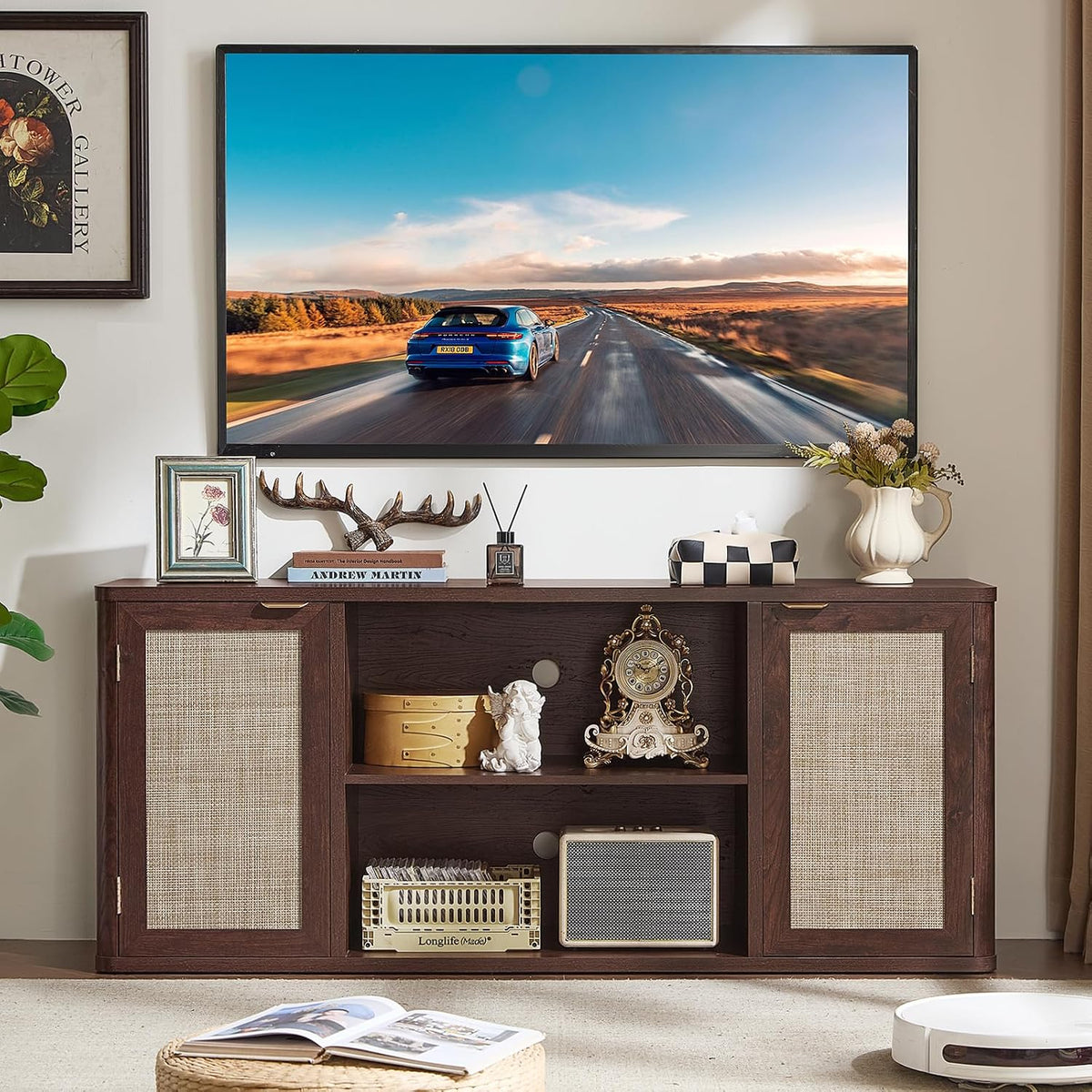 LEYAOYAO Rattan TV Stands for Living Room, Walnut