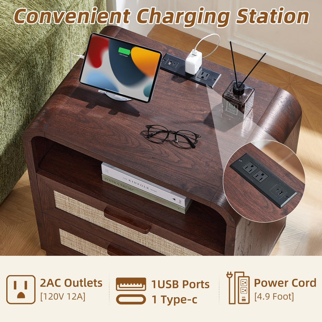 LEYAOYAO Rattan Nightstands Set of 2 with Charging Station, Natural