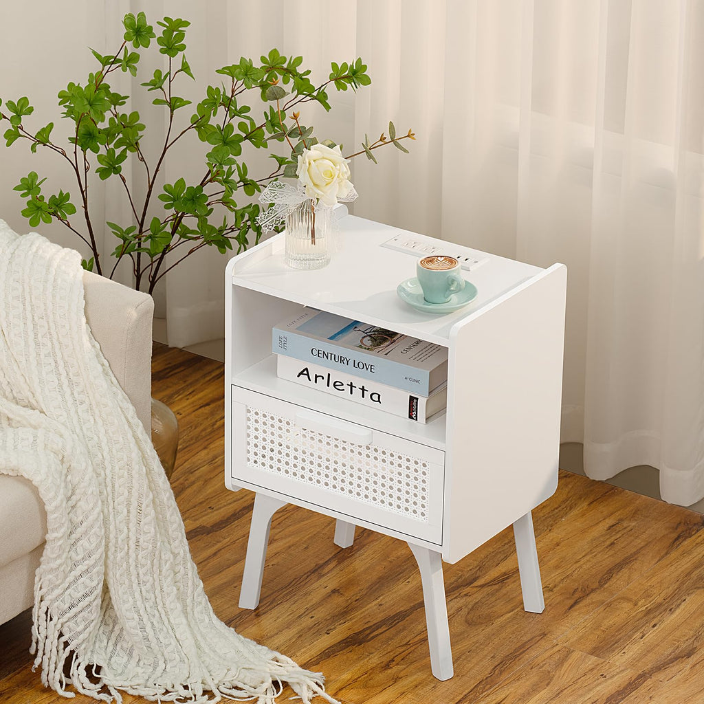 Lerliuo Rattan Nightstand with Charging Station, Boho Night Stand