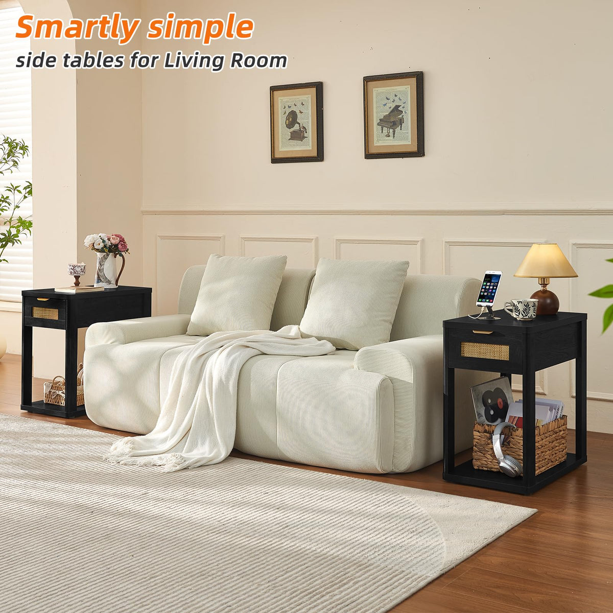 LEYAOYAO Narrow Side Table with Charging Station, Rattan 24 x 14''