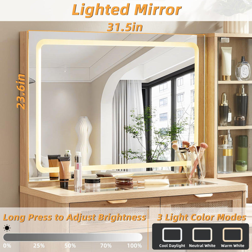 LEYAOYAO Rattan Makeup Vanity Desk with Stool, Mirror and Lights