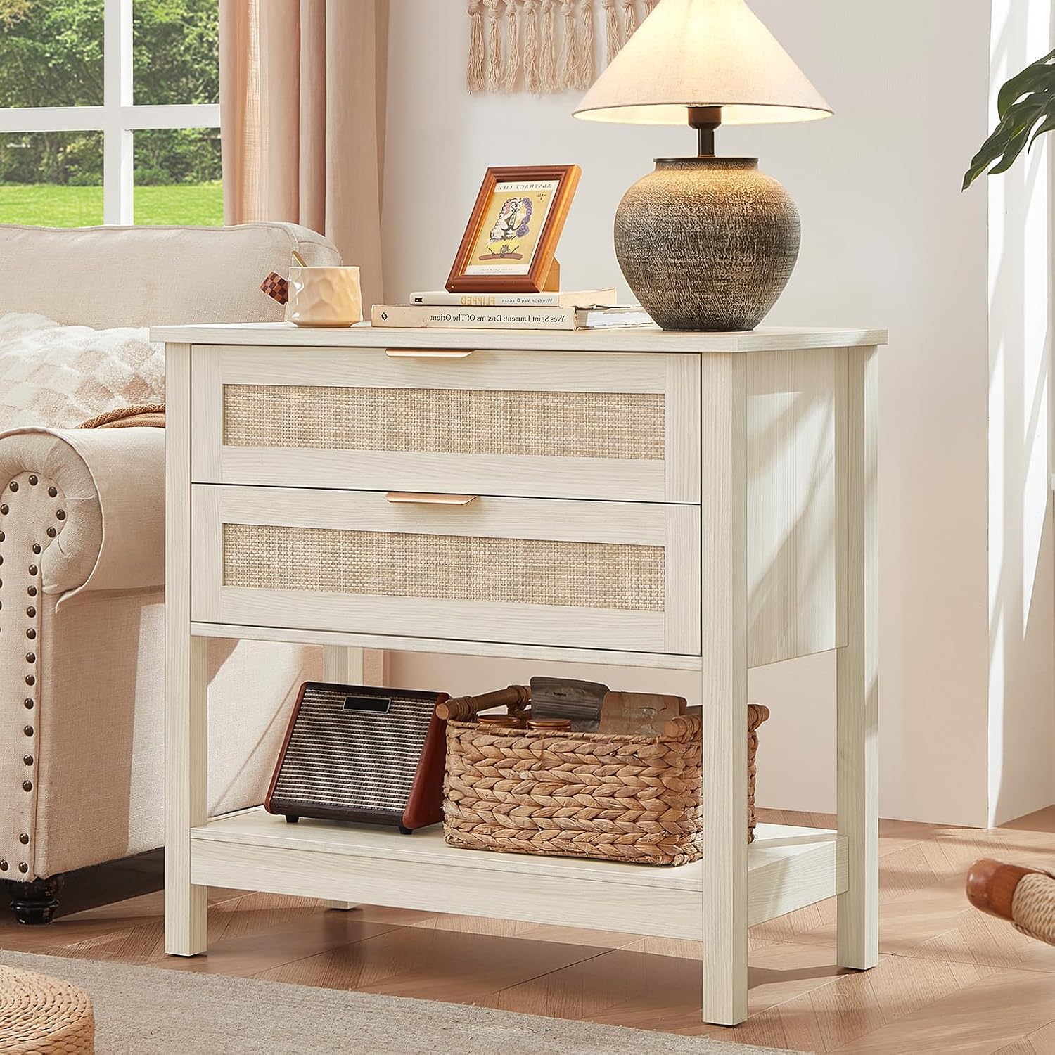 Lerliuo 31.5" Wide Rattan Nightstand,Oversized Large Boho Night Stand with 2 Drawers, 30" Tall Grey White Bedside Table with Storage Shelf, Bed Side End Tables for Bedroom, Living Room, Hallway