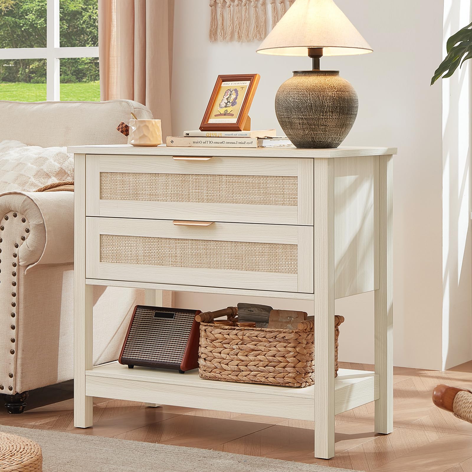 Lerliuo 31.5" Wide Rattan Nightstand,Oversized Large Boho Night Stand with 2 Drawers, 30" Tall Grey White Bedside Table with Storage Shelf, Bed Side End Tables for Bedroom, Living Room, Hallway