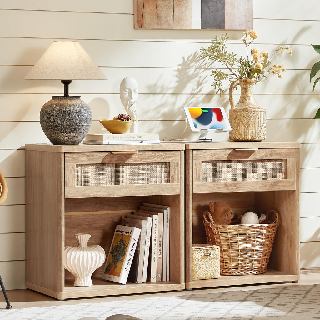LEYAOYAO Rattan Dresser and Nightstand Sets 4 Piece, Boho Wood Dresser for Bedroom with 6 Drawers and Night Stand with Charging Station, Bedroom Furniture, Dressers & Chests of Drawers, Hallway
