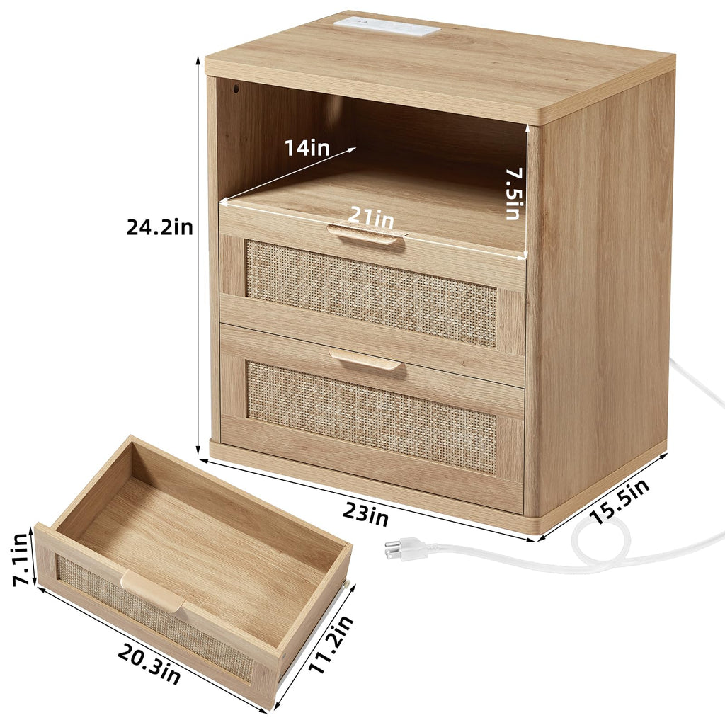 Lerliuo Rattan NightStand with Charger Station, 23" Wide Boho Bedside Table with Drawers, Natural Wood Night Stand Open Storage Cabinet, Bed Side End Table Dresser for Living Room, Hallway, Bedroom